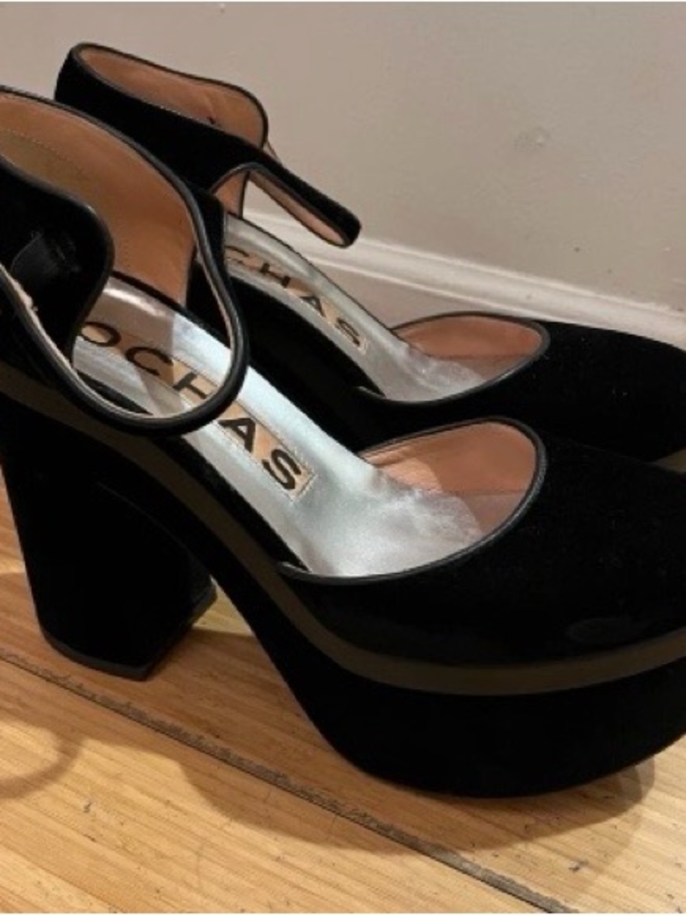 Rochas Black Velvet Platform Mary Jane Heels